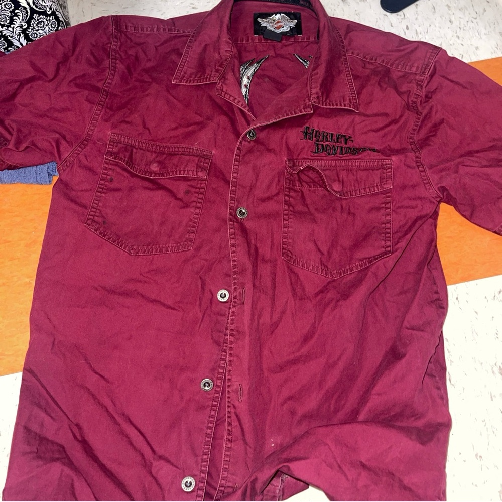 Harley Davidson Maroon Button Down Short Sleeve Shirt Biker Core Med 26l C19 Men